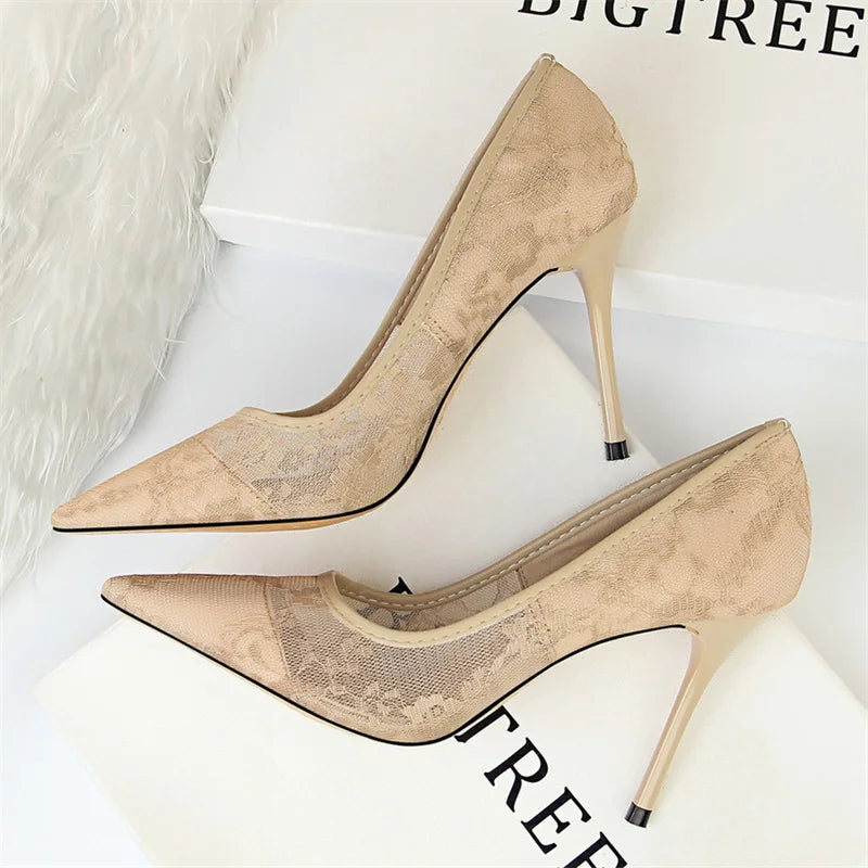 Black Flower Lace Mesh Pumps Pointed Toe Shallow Party Single Shoes Show Thin High Heel Office Shoes