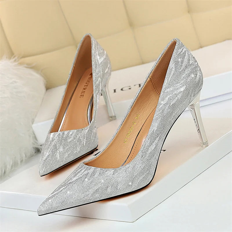 Comfort Wedding Single Shoes Shallow Mouth Thin High Heel Pointed Toe Elegant Sequins Sandals