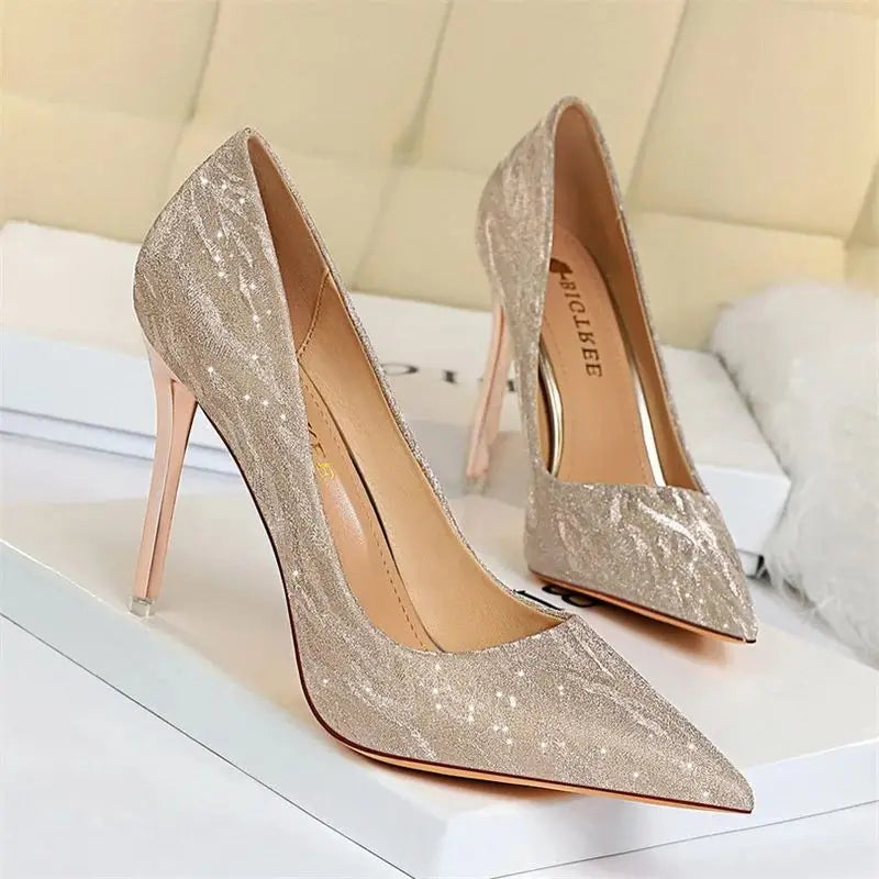 Comfort Wedding Single Shoes Shallow Mouth Thin High Heel Pointed Toe Elegant Sequins Sandals