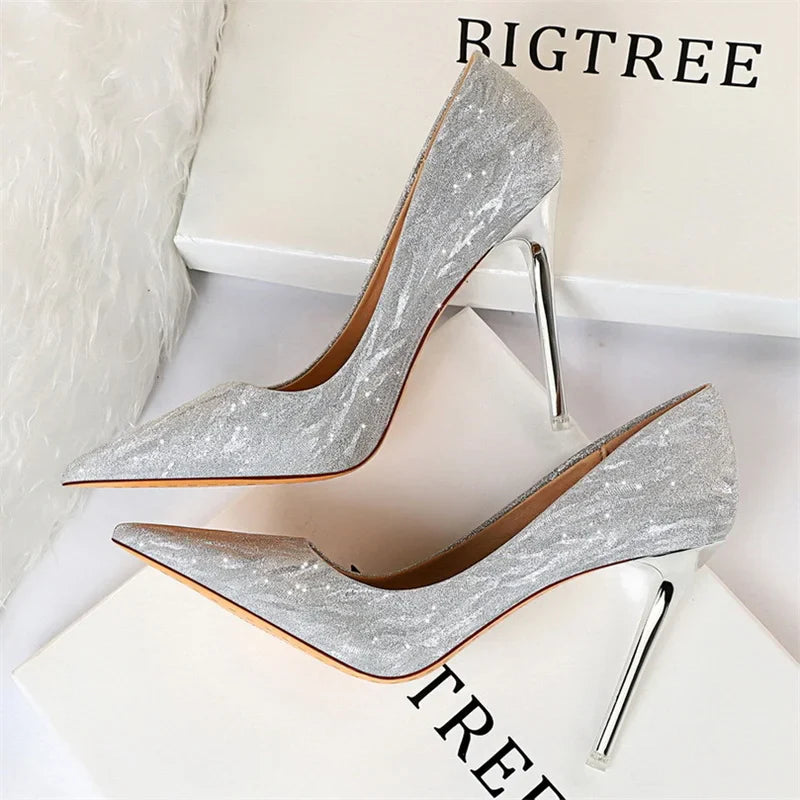 Comfort Wedding Single Shoes Shallow Mouth Thin High Heel Pointed Toe Elegant Sequins Sandals