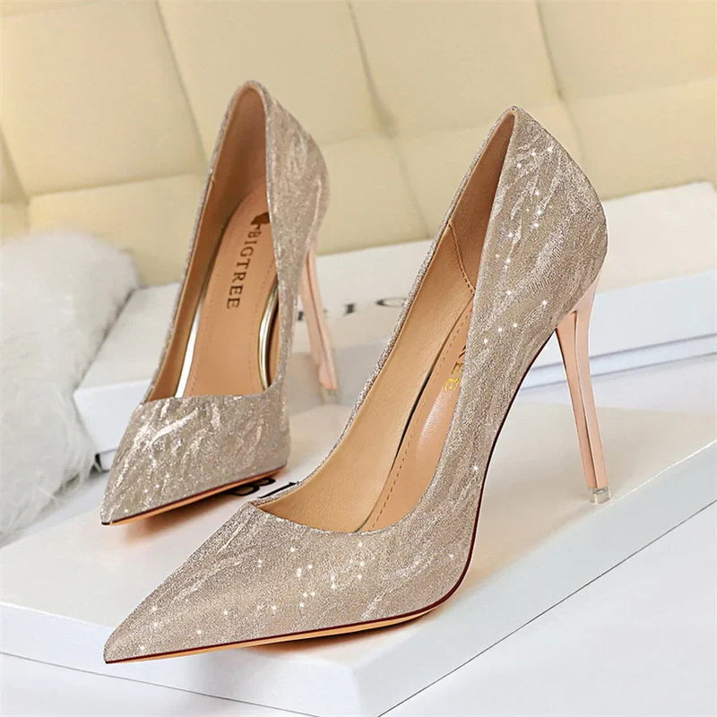 Comfort Wedding Single Shoes Shallow Mouth Thin High Heel Pointed Toe Elegant Sequins Sandals