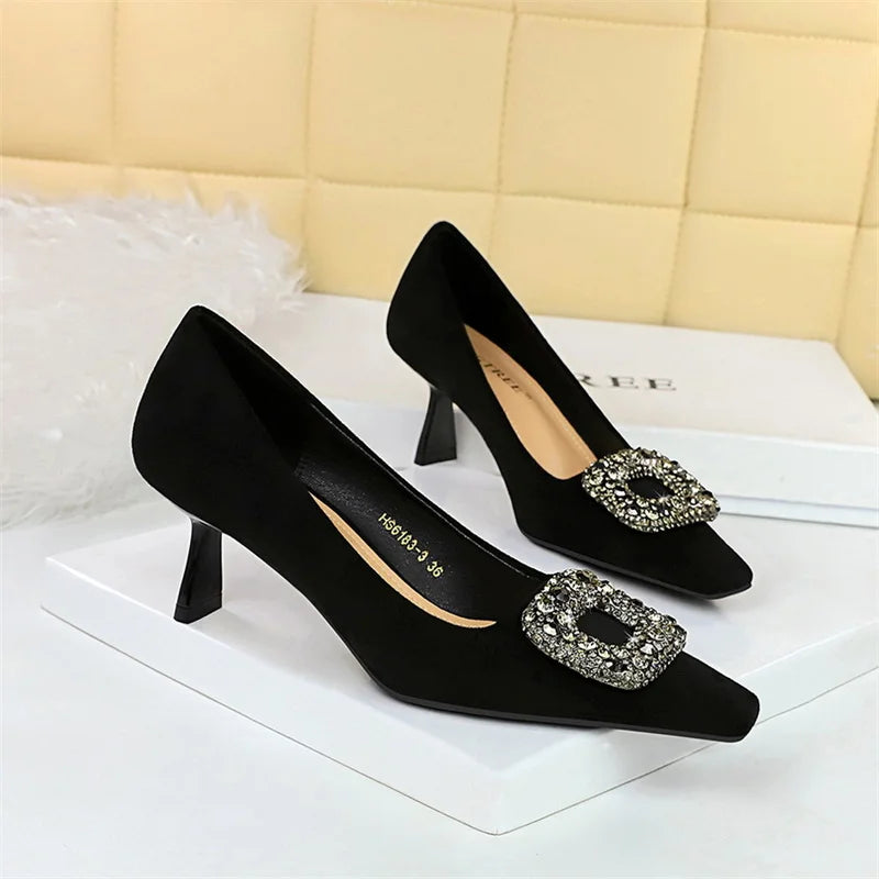 Party Pumps Thin High Heels Flock Shallow Mouth Square Toe Metal Crystal Buckle Single Shoes Black