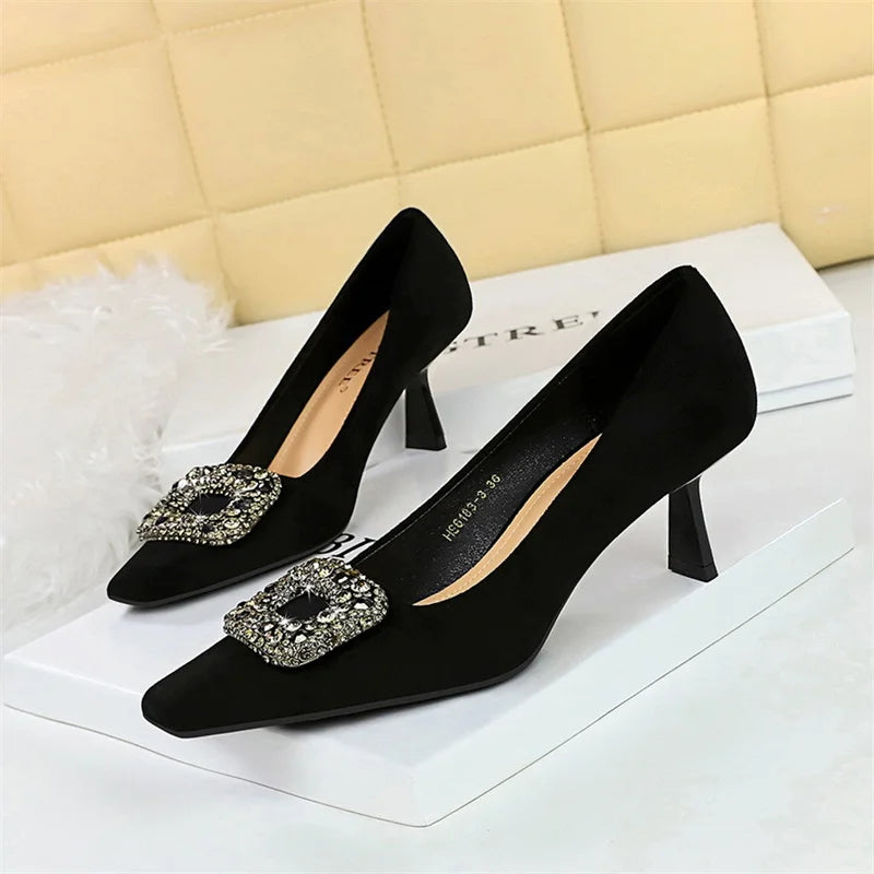 Party Pumps Thin High Heels Flock Shallow Mouth Square Toe Metal Crystal Buckle Single Shoes Black