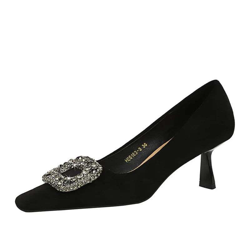 Party Pumps Thin High Heels Flock Shallow Mouth Square Toe Metal Crystal Buckle Single Shoes Black
