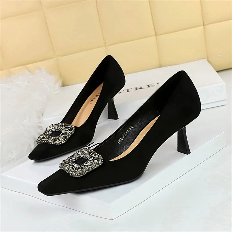 Party Pumps Thin High Heels Flock Shallow Mouth Square Toe Metal Crystal Buckle Single Shoes Black