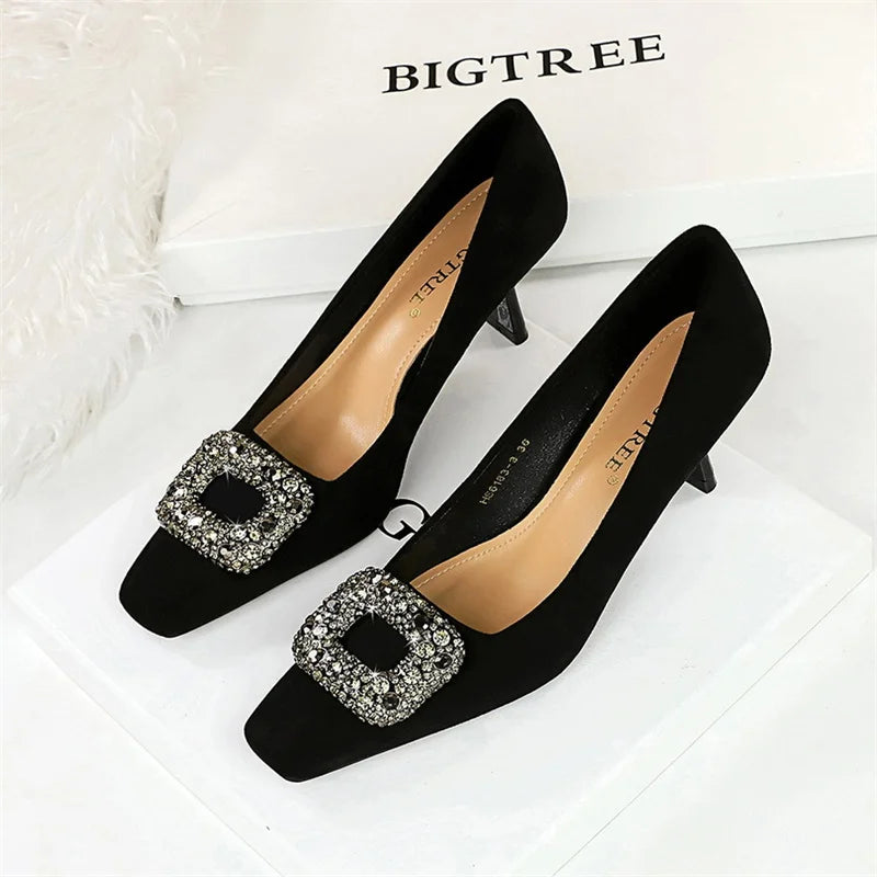 Party Pumps Thin High Heels Flock Shallow Mouth Square Toe Metal Crystal Buckle Single Shoes Black