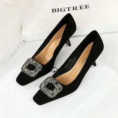 Party Pumps Thin High Heels Flock Shallow Mouth Square Toe Metal Crystal Buckle Single Shoes Black