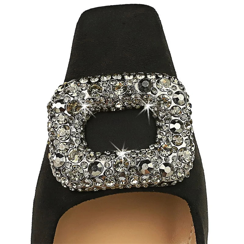 Party Pumps Thin High Heels Flock Shallow Mouth Square Toe Metal Crystal Buckle Single Shoes Black