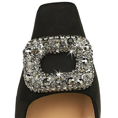 Party Pumps Thin High Heels Flock Shallow Mouth Square Toe Metal Crystal Buckle Single Shoes Black
