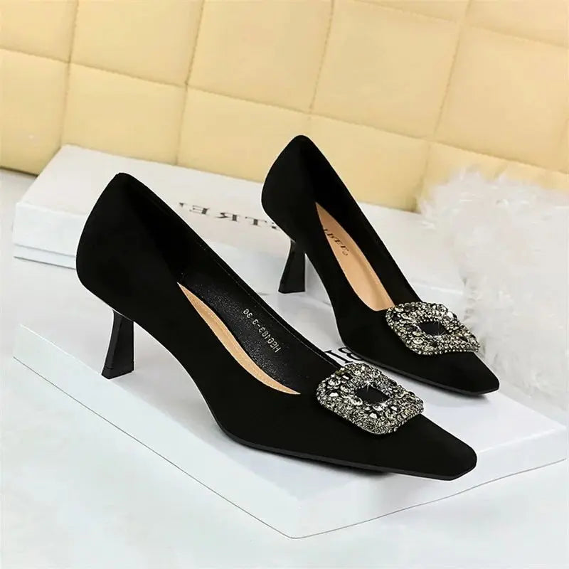 Party Pumps Thin High Heels Flock Shallow Mouth Square Toe Metal Crystal Buckle Single Shoes Black