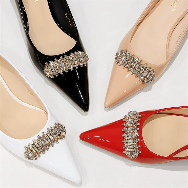 Thin Middle Heel Shoes Patent Leather Shallow Mouth Pointed Toe Rhinestone Metal Party Single Shoes