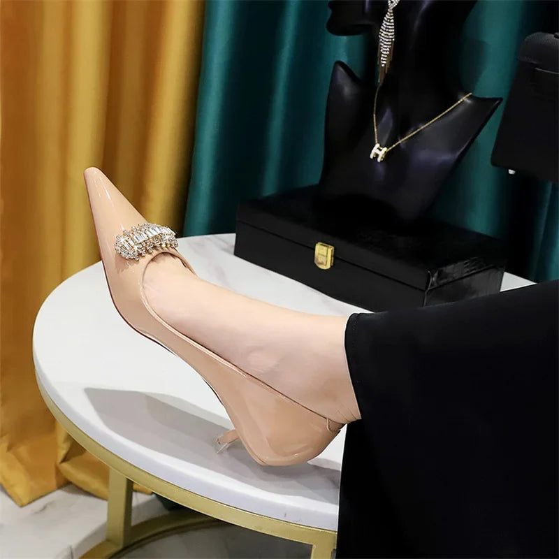Thin Middle Heel Shoes Patent Leather Shallow Mouth Pointed Toe Rhinestone Metal Party Single Shoes