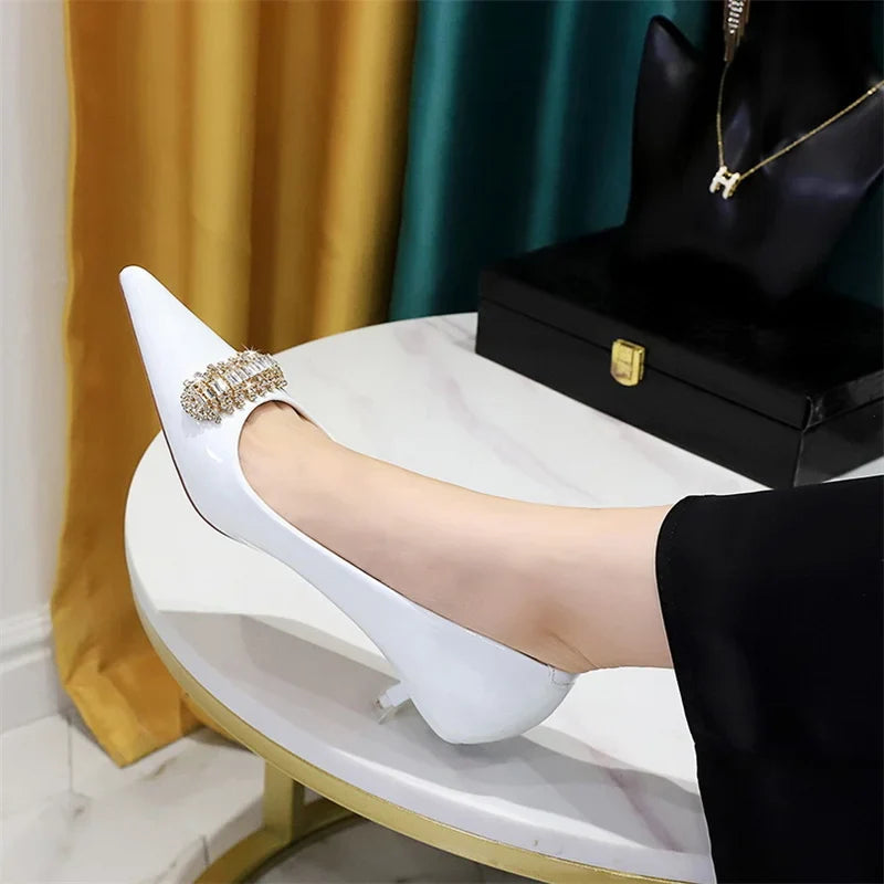 Thin Middle Heel Shoes Patent Leather Shallow Mouth Pointed Toe Rhinestone Metal Party Single Shoes
