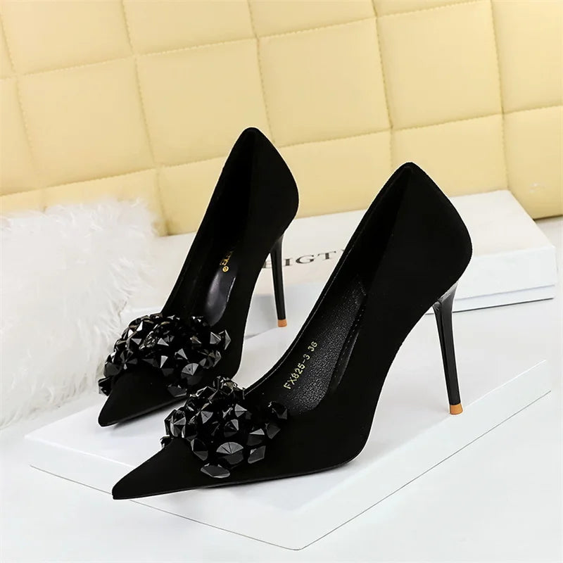 Pointed Toe Suede Rhinestone Pumps Bow Knot Luxury Gemstone Party Thin High Heel Single Shoes