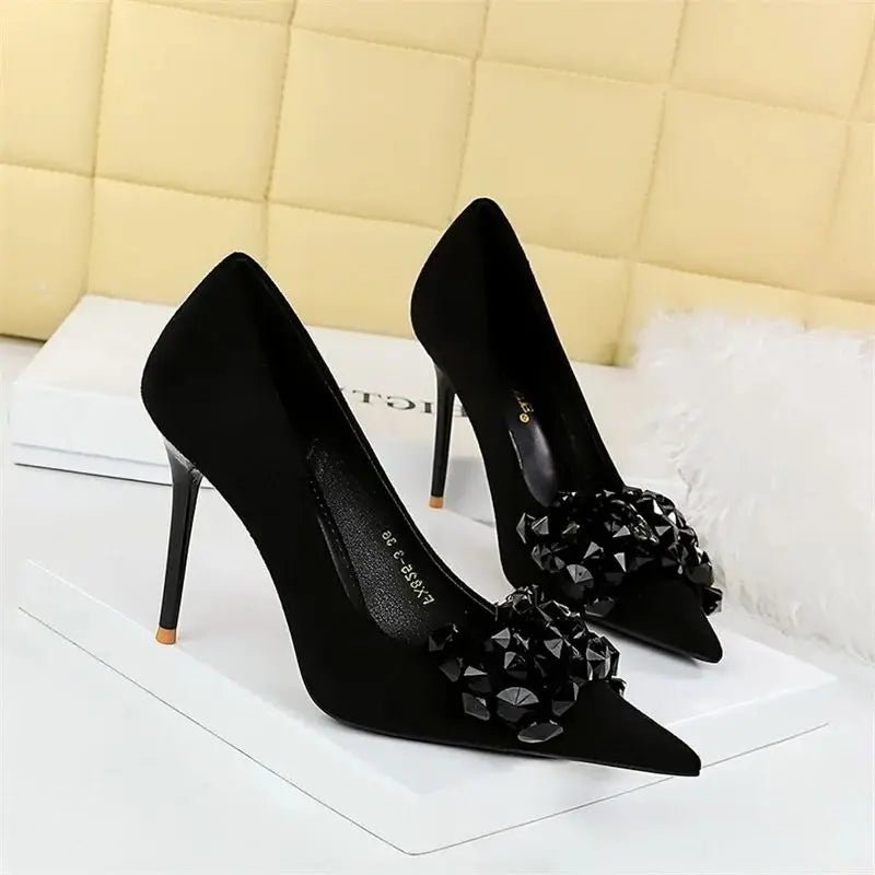 Pointed Toe Suede Rhinestone Pumps Bow Knot Luxury Gemstone Party Thin High Heel Single Shoes