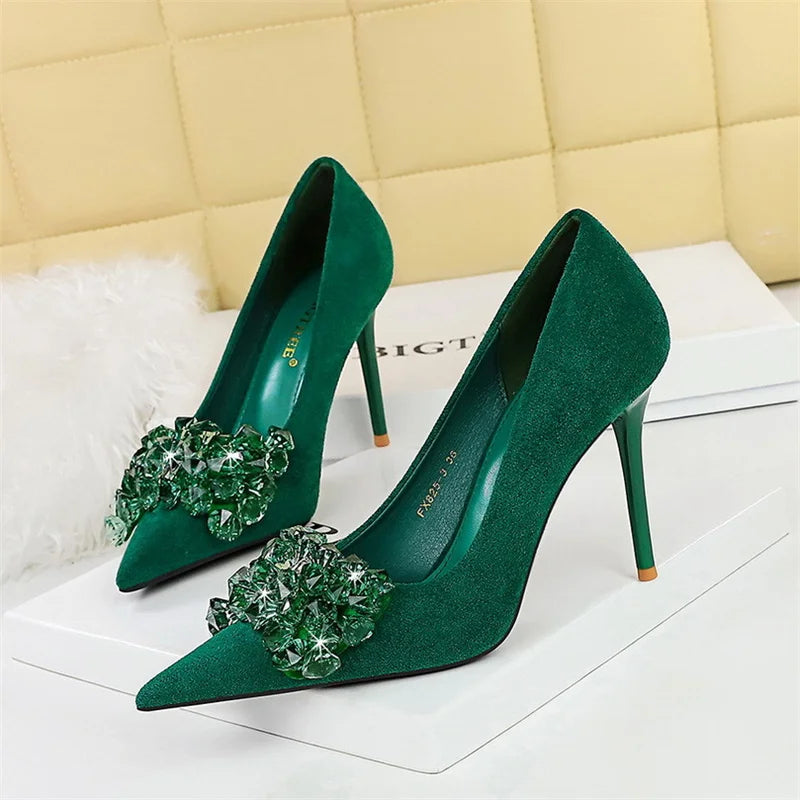 Pointed Toe Suede Rhinestone Pumps Bow Knot Luxury Gemstone Party Thin High Heel Single Shoes