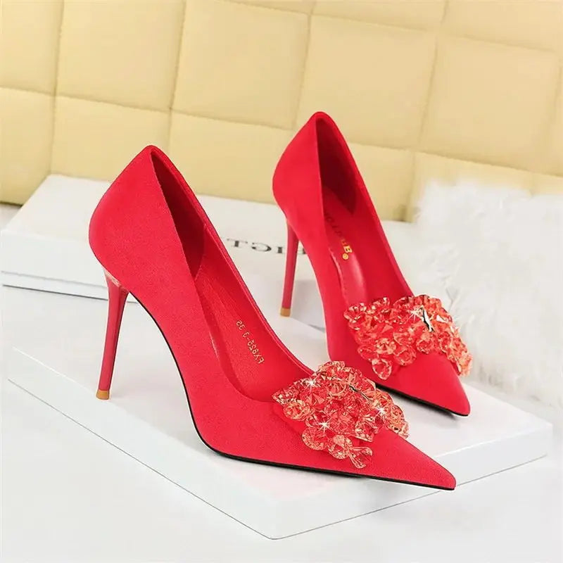 Pointed Toe Suede Rhinestone Pumps Bow Knot Luxury Gemstone Party Thin High Heel Single Shoes
