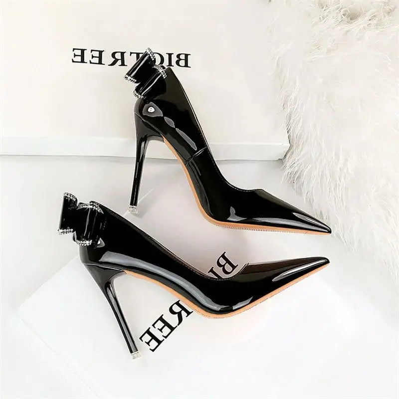 Patent Leather High Heels Rear Rhinestone Bow knot Pumps Shallow Mouth Pointed Toe Single Shoes
