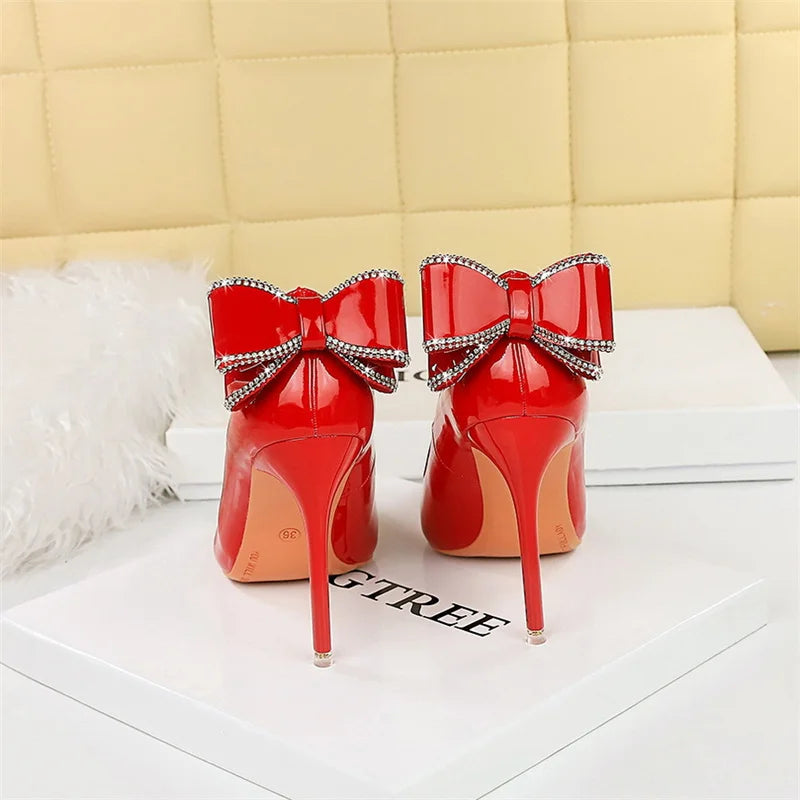 Patent Leather High Heels Rear Rhinestone Bow knot Pumps Shallow Mouth Pointed Toe Single Shoes