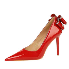 Patent Leather High Heels Rear Rhinestone Bow knot Pumps Shallow Mouth Pointed Toe Single Shoes