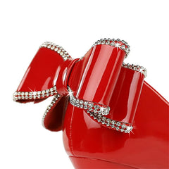 Patent Leather High Heels Rear Rhinestone Bow knot Pumps Shallow Mouth Pointed Toe Single Shoes