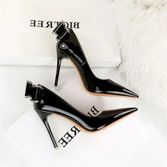 Patent Leather High Heels Rear Rhinestone Bow knot Pumps Shallow Mouth Pointed Toe Single Shoes