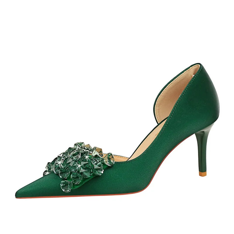Rhinestone Pumps Bow knot Retro Pointed Toe High Heels Side Hollow Party Luxury Gemstone Stilettos Shoes