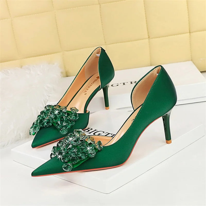 Rhinestone Pumps Bow knot Retro Pointed Toe High Heels Side Hollow Party Luxury Gemstone Stilettos Shoes