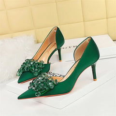 Rhinestone Pumps Bow knot Retro Pointed Toe High Heels Side Hollow Party Luxury Gemstone Stilettos Shoes