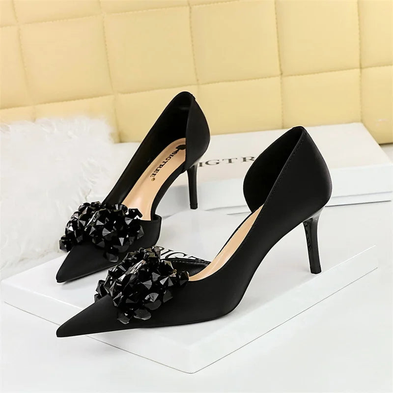 Rhinestone Pumps Bow knot Retro Pointed Toe High Heels Side Hollow Party Luxury Gemstone Stilettos Shoes