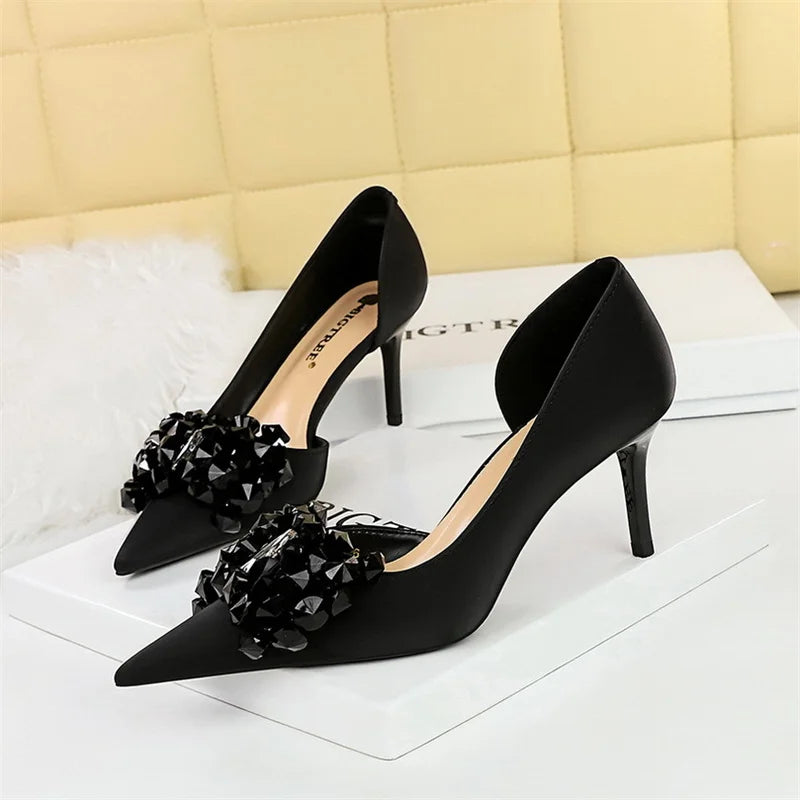 Rhinestone Pumps Bow knot Retro Pointed Toe High Heels Side Hollow Party Luxury Gemstone Stilettos Shoes