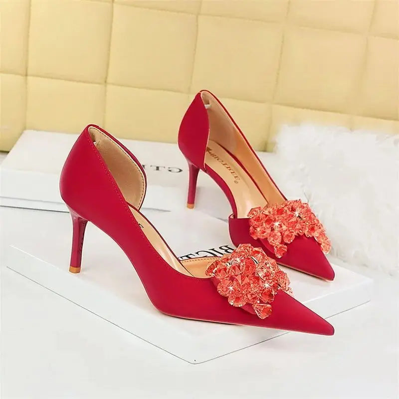 Rhinestone Pumps Bow knot Retro Pointed Toe High Heels Side Hollow Party Luxury Gemstone Stilettos Shoes