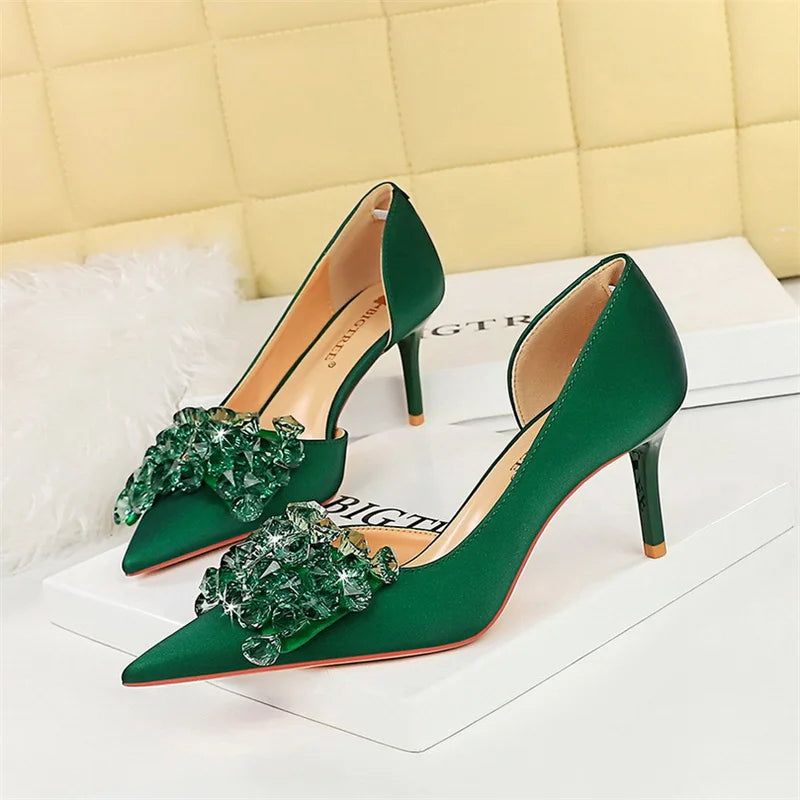 Rhinestone Pumps Bow knot Retro Pointed Toe High Heels Side Hollow Party Luxury Gemstone Stilettos Shoes