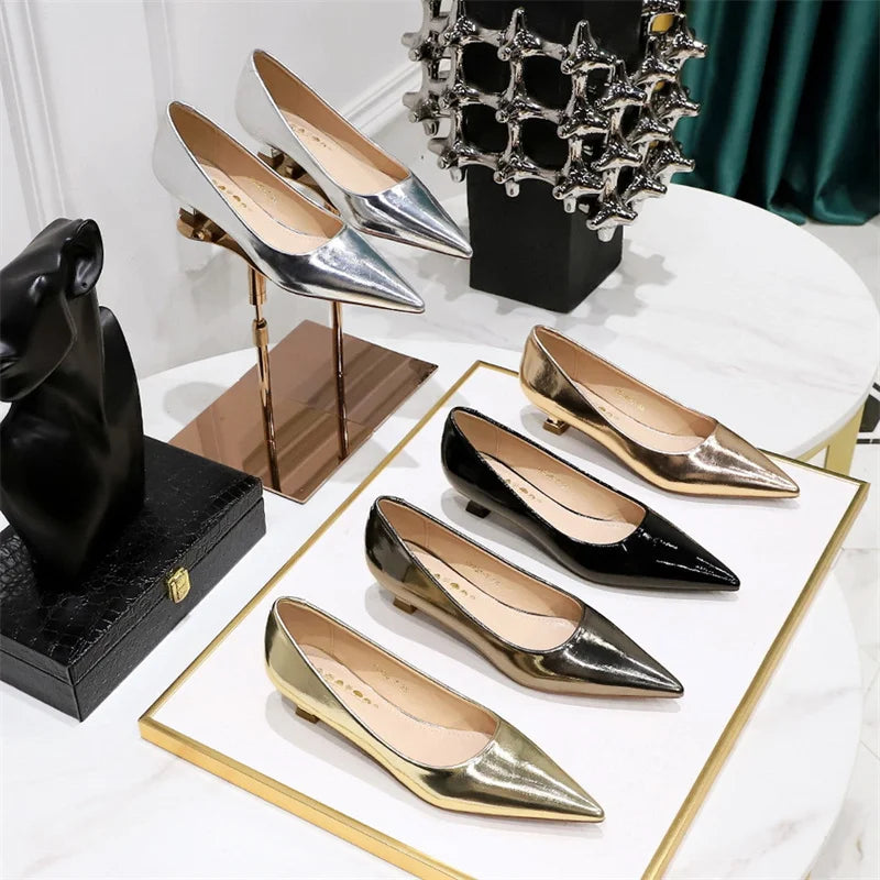Shallow Mouth Pointed Toe Thin Low Heel Shoes Gold Comfortable Simple Professional Single Shoes