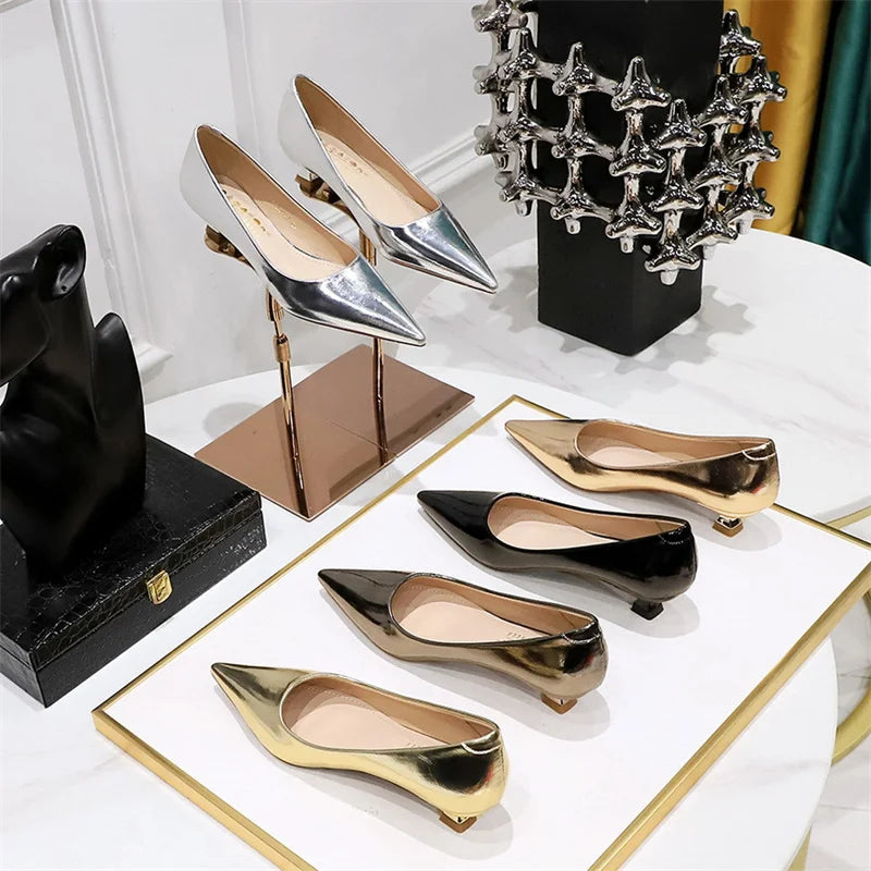 Shallow Mouth Pointed Toe Thin Low Heel Shoes Gold Comfortable Simple Professional Single Shoes