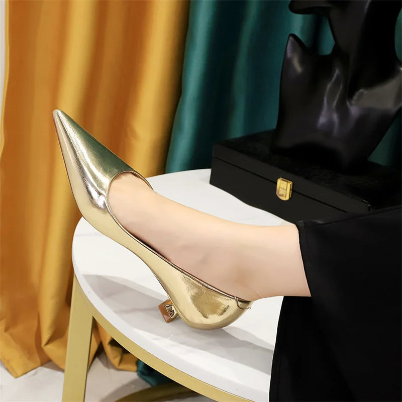 Shallow Mouth Pointed Toe Thin Low Heel Shoes Gold Comfortable Simple Professional Single Shoes