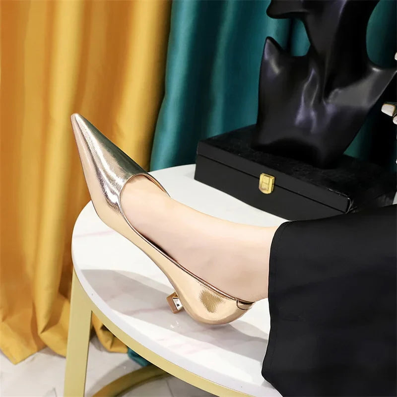 Shallow Mouth Pointed Toe Thin Low Heel Shoes Gold Comfortable Simple Professional Single Shoes