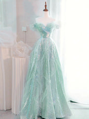 A-line Mint Green Tulle and Sequins Long Prom Dress