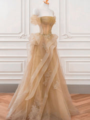 A-line Champagne Tulle with Lace Applique Prom Dress