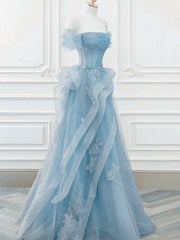 Vestido formal de tul azul claro con encaje y corte en A hasta el suelo 