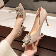 Autumn Sexy Banquet High Heels - Comfortable Crystal Square Buckle Pair with Dress Pointed Toe Shoes