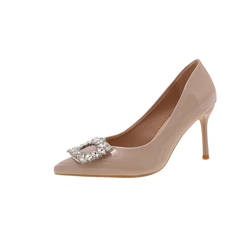 Autumn Sexy Banquet High Heels - Comfortable Crystal Square Buckle Pair with Dress Pointed Toe Shoes