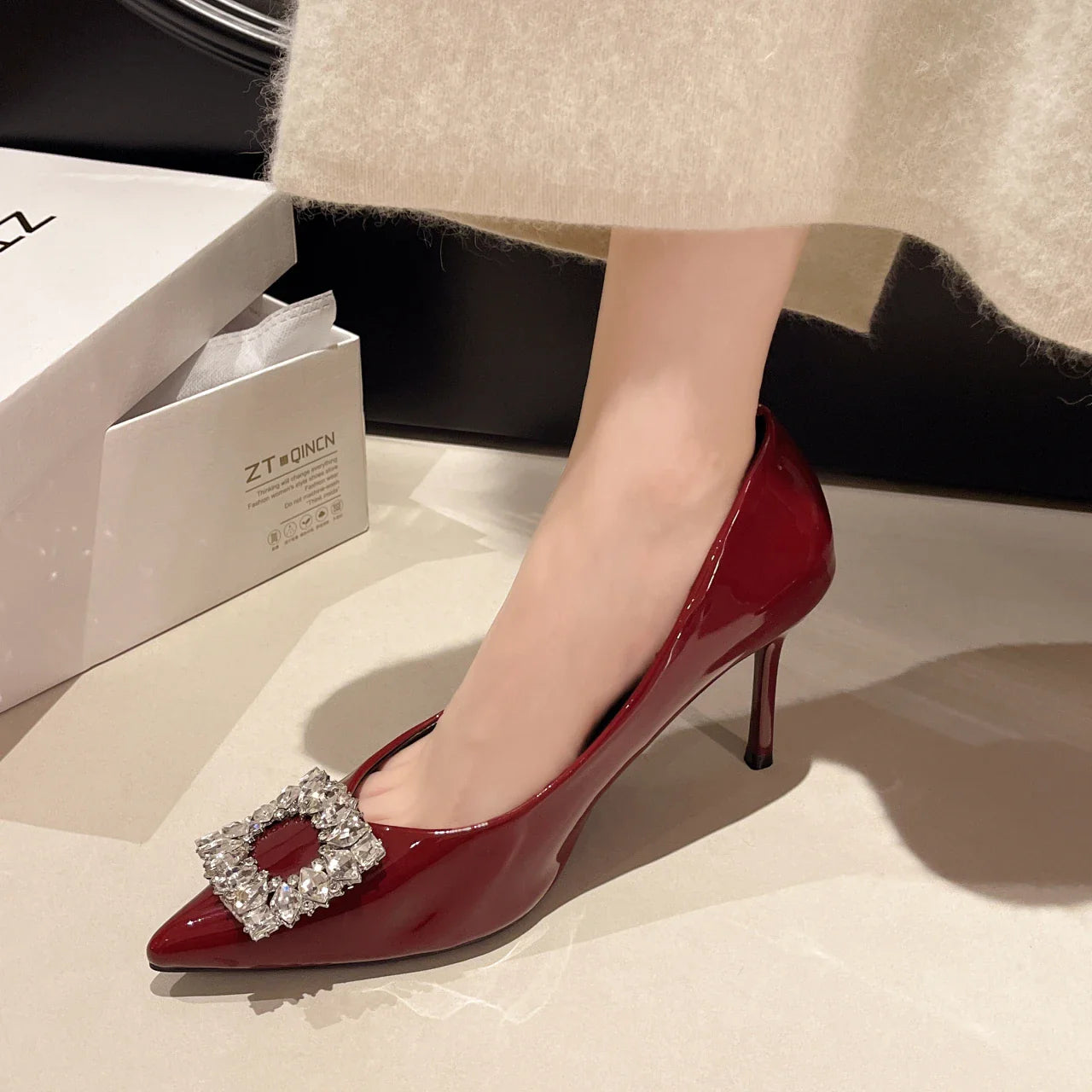 Autumn Sexy Banquet High Heels - Comfortable Crystal Square Buckle Pair with Dress Pointed Toe Shoes