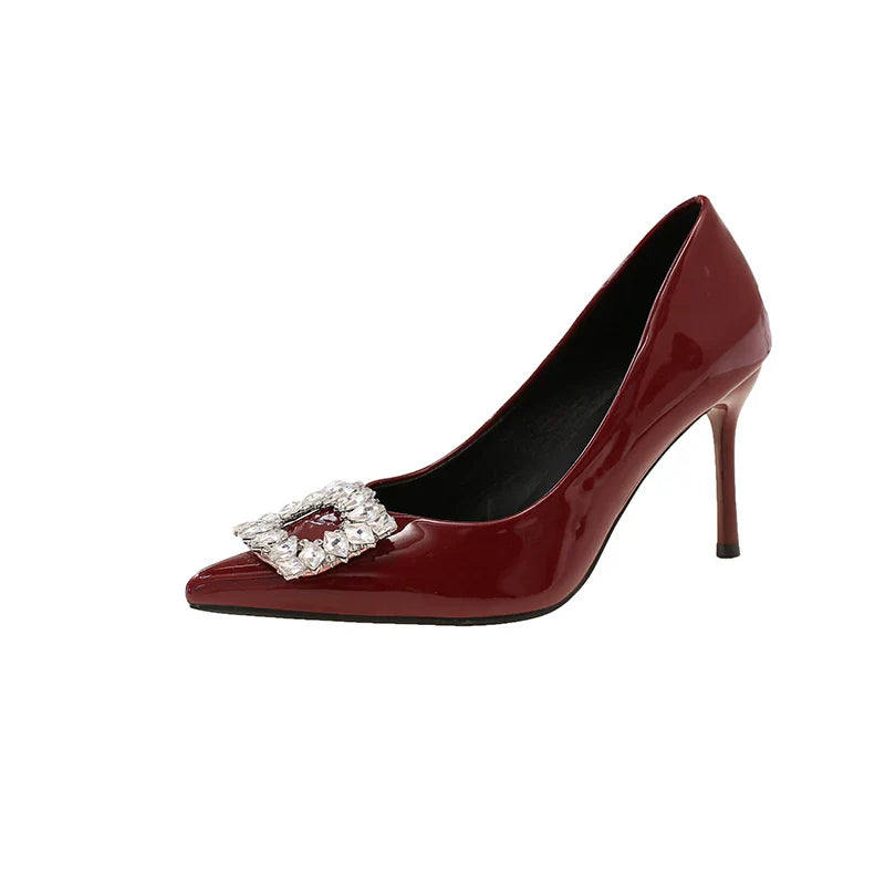 Autumn Sexy Banquet High Heels - Comfortable Crystal Square Buckle Pair with Dress Pointed Toe Shoes