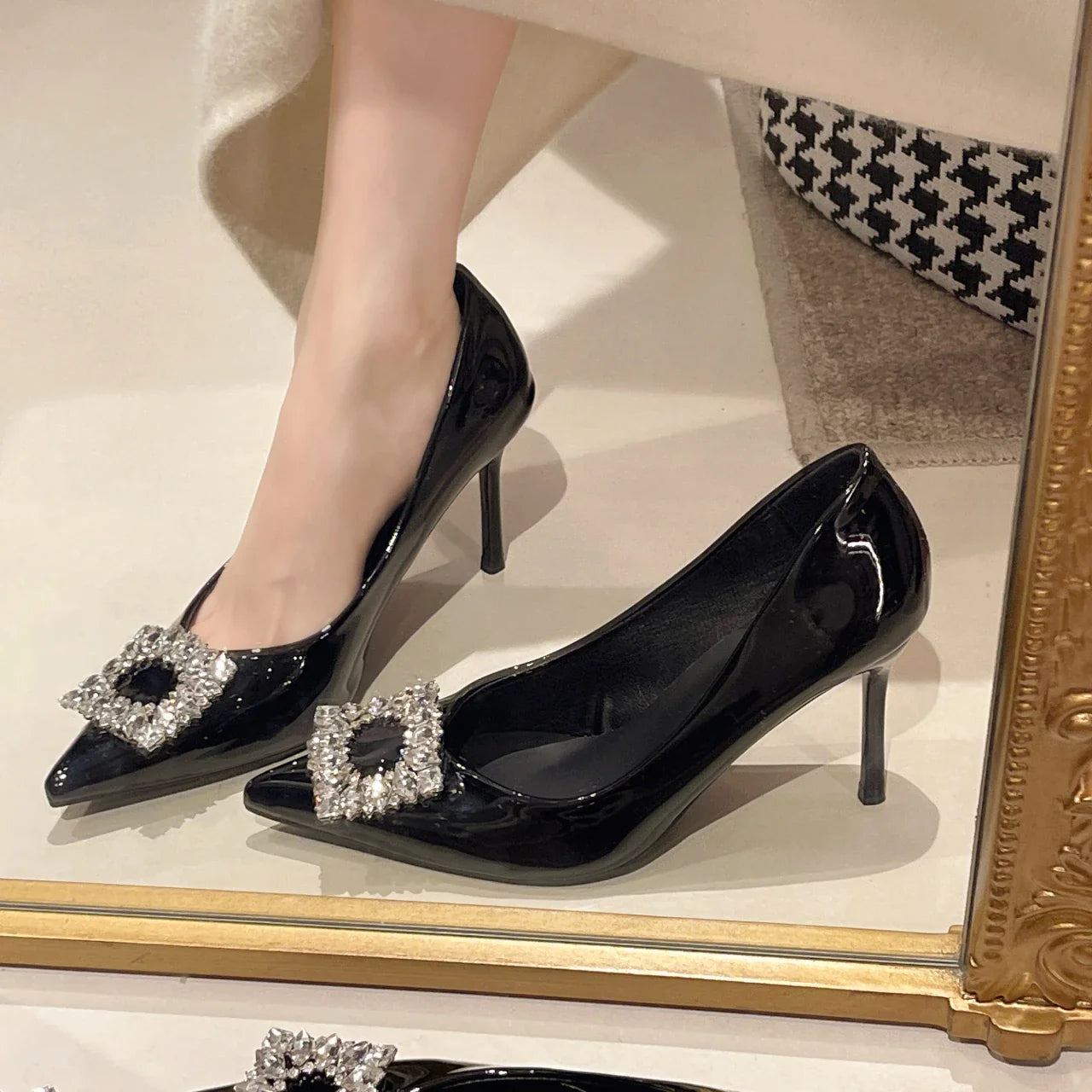 Autumn Sexy Banquet High Heels - Comfortable Crystal Square Buckle Pair with Dress Pointed Toe Shoes