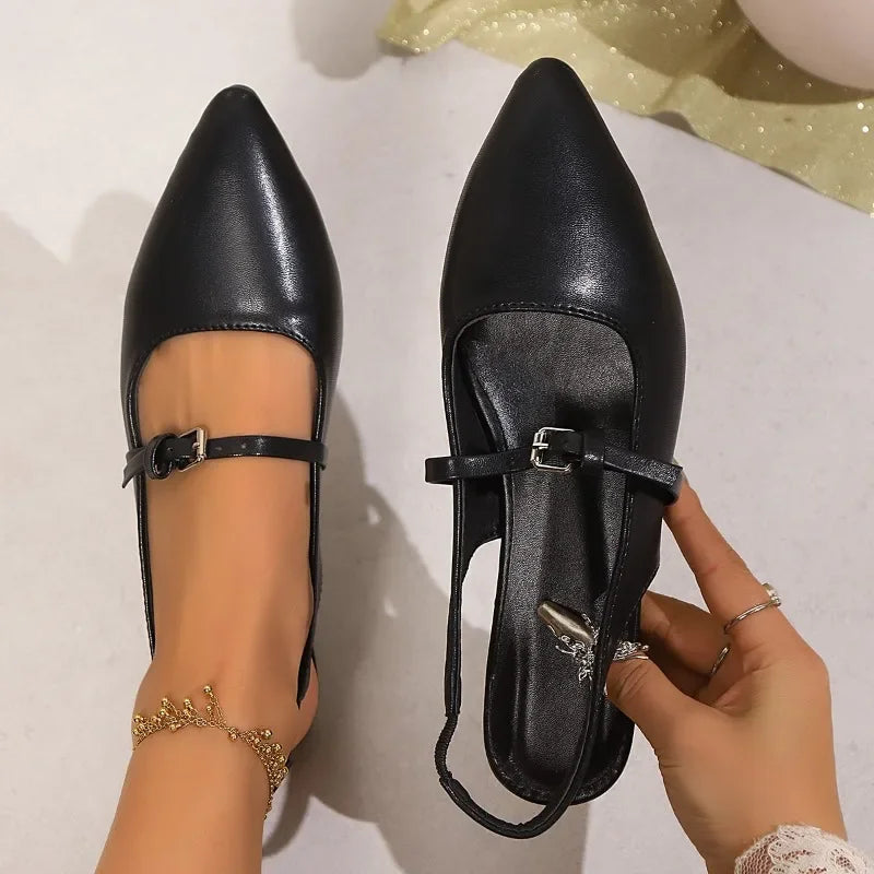 Bling Sandal Pointed Toe Shallow Slip on Elegant Slingback Shoes Med Heel Flat Shoes