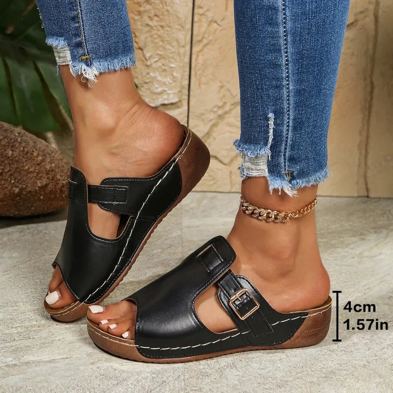 Wedge Sandals Round Head Buckle Open Toe Sandals Vintage Casual Comfortable Female Platform Retro Shoes