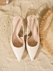 Nude Patent Leather Slingback Heels Pointed Toe Block Heel Closed Toe Pumps Office Wedding Bridesmaid Daily