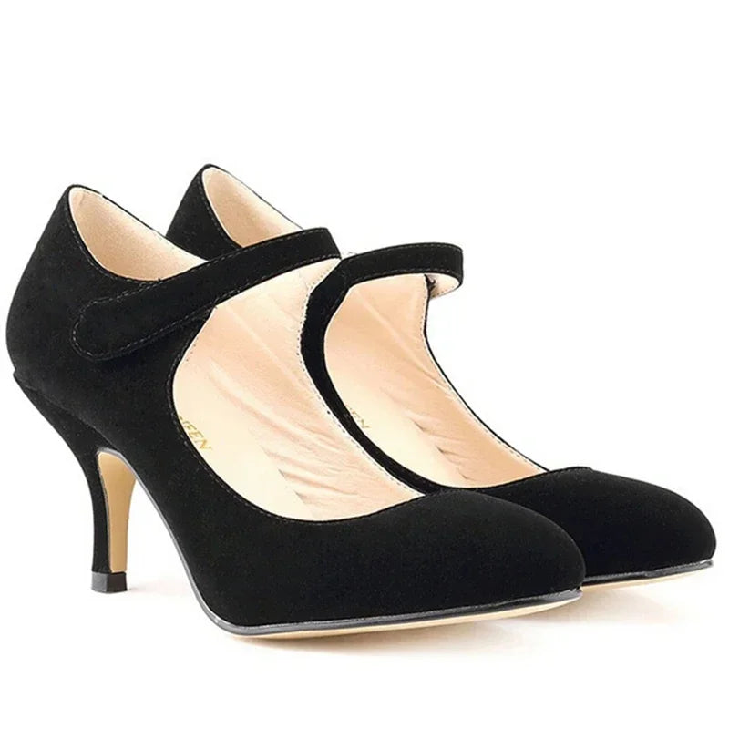 High Heels Round Toes Pumps Mujer Buckle Solid Black Shoes  PU Leather Wedding Shoes Femme