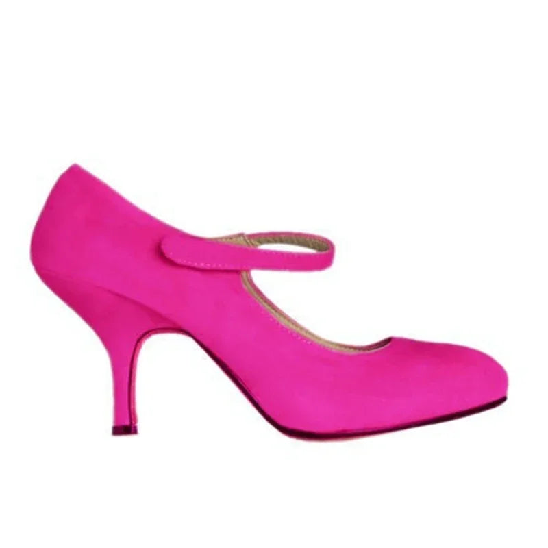 High Heels Round Toes Pumps Mujer Buckle Solid Black Shoes  PU Leather Wedding Shoes Femme